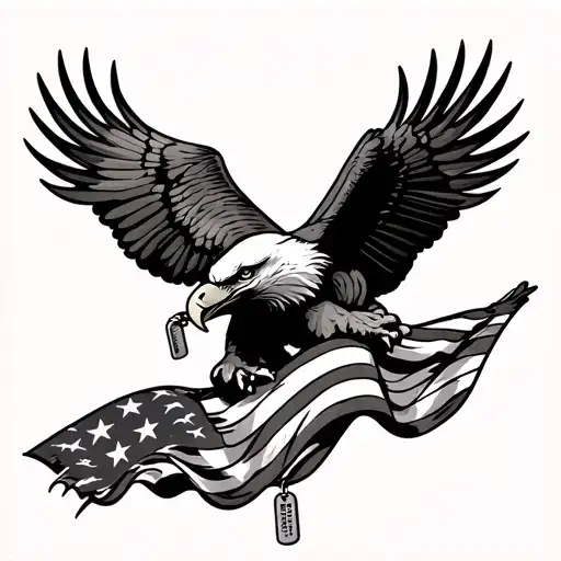 bald eagle busting through a waving american flag with dogtags hanging from its beak tattoo design idea