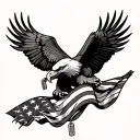 bald eagle busting through a waving american flag with dogtags hanging from its beak tattoo design idea