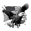 bald eagle busting through a waving american flag with dogtags hanging from its beak tattoo design idea