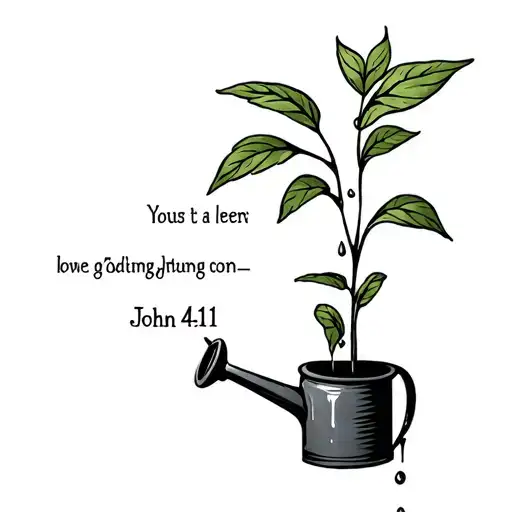 a withered potted plant with a watering can dripping water over it and the verse John 4:11 written under it tattoo design idea