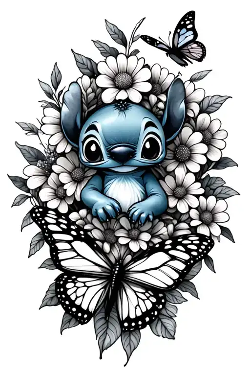 little stitch and flowers and butterfly resting tattoo design idea