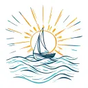 bright sun with rays. sailing boat with waves tattoo design idea