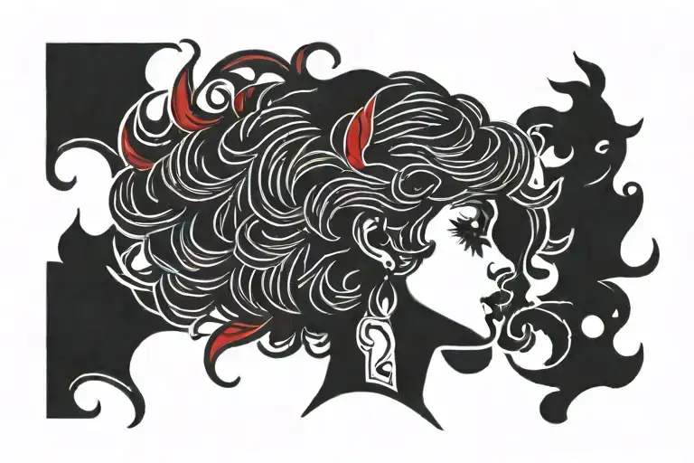 A black silhouette of a girl in profile with short red hair and a thrown back head against a background of fire, notes b tattoo design idea