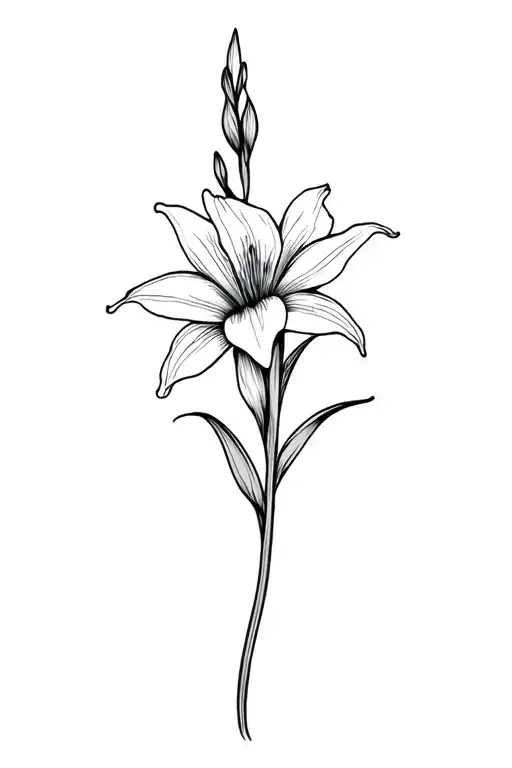 basic fine line gladiolus flower in black and white tattoo design idea
