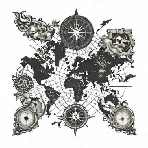 A blackwork tattoo of a vintage world map with a compass rose, symbolizing your love for travel tattoo design idea