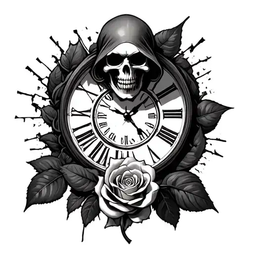 grim reaper in a rose infront of a broken clock tattoo design idea