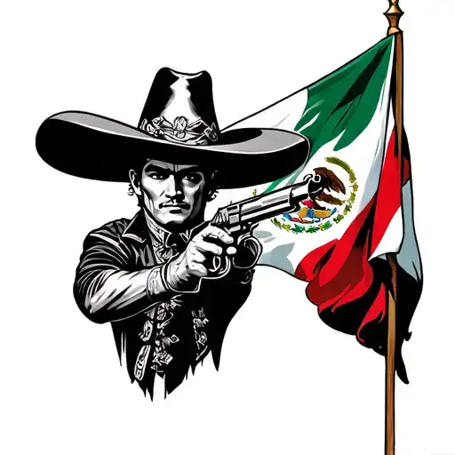 Mexican Charro with gun and mexico flag tattoo design idea