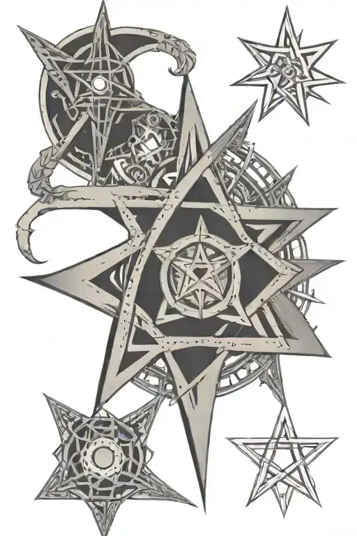 heptagram in style of band tool, with two curved lines that embodies the heptagram. All resembles eye, heptagram pupil tattoo design idea