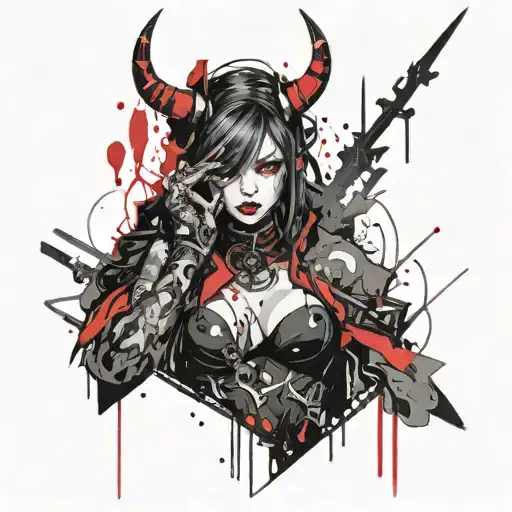 A fusion of Gothic and Cybersiglism styles featuring a demon girl in cyber Japanese style, abstract elements tattoo design idea