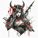 A fusion of Gothic and Cybersiglism styles featuring a demon girl in cyber Japanese style, abstract elements tattoo design idea