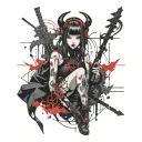 A fusion of Gothic and Cybersiglism styles featuring a demon girl in cyber Japanese style, abstract elements tattoo design idea