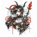 A fusion of Gothic and Cybersiglism styles featuring a demon girl in cyber Japanese style, abstract elements tattoo design idea