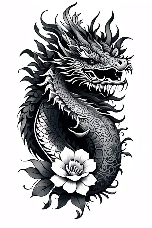 Laos inspired tattoo with patterns,  flowers, dragon tattoo design idea