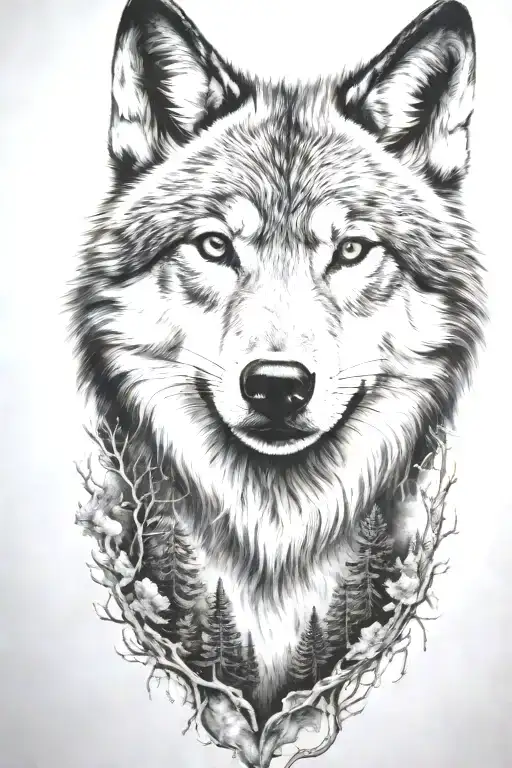 wolf cub, moon, forest, river, adult wolf head tattoo design idea