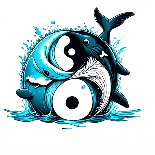 cyperpunk anime yin yang tattoo with dolphin and whale with water  tattoo design idea