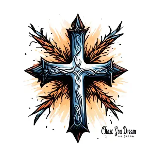 A cross with pointed edges and fade and writing in between chase you dream tattoo design idea