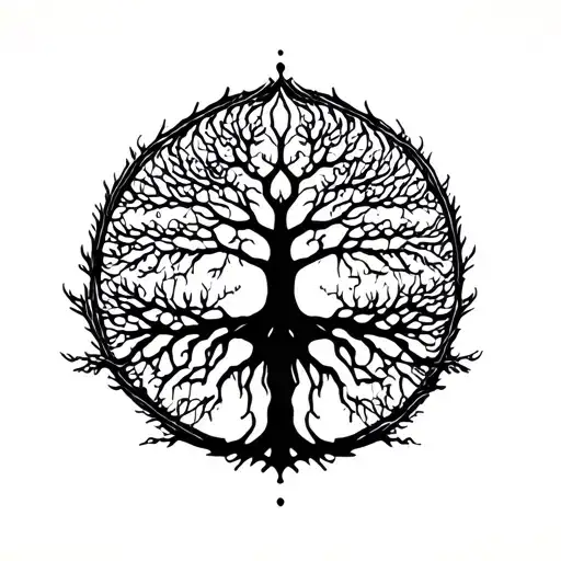 Minimalist black ink Tree of Life tattoo design, clean thin lines, no shading, elegant and balanced, symmetrical circula tattoo design idea
