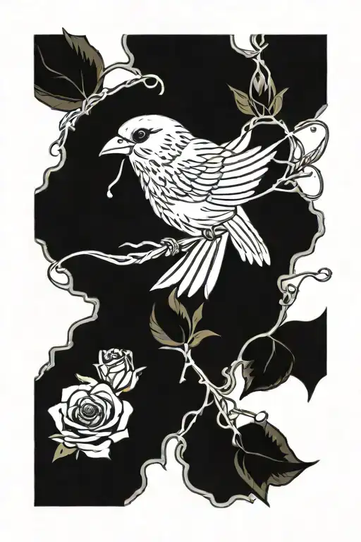 flying canary with rose and vines growing tattoo design idea
