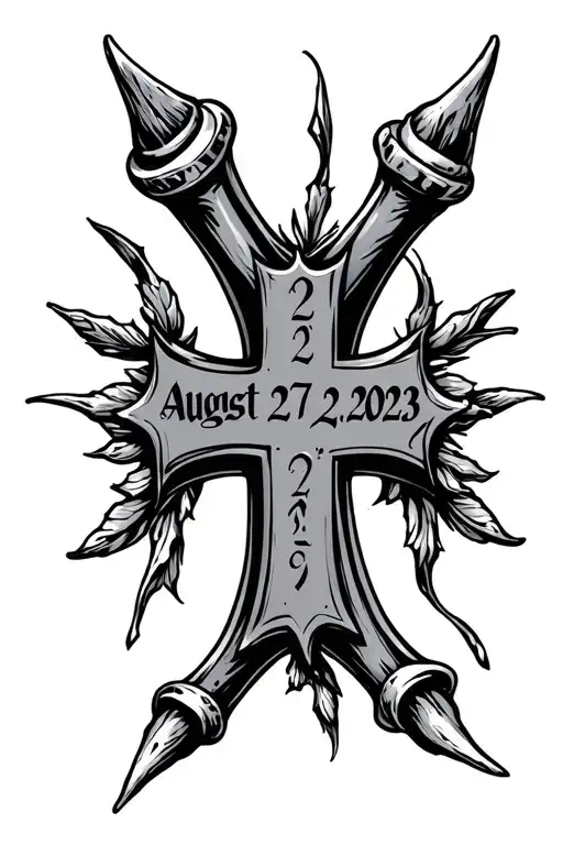 three nails cross with the date August 27, 2023 tattoo design idea