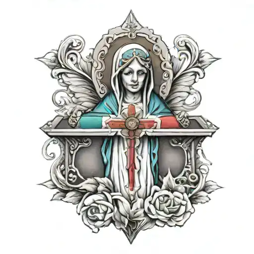 box cross with virgin mary wearing mexico flag tattoo design idea