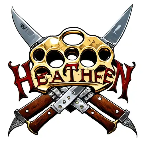 "Heathen" brass knuckles and knives crossed tattoo design idea