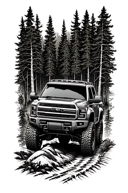 A detailed blackwork tattoo of a rugged 4x4 truck navigating through a forest trail tattoo design idea