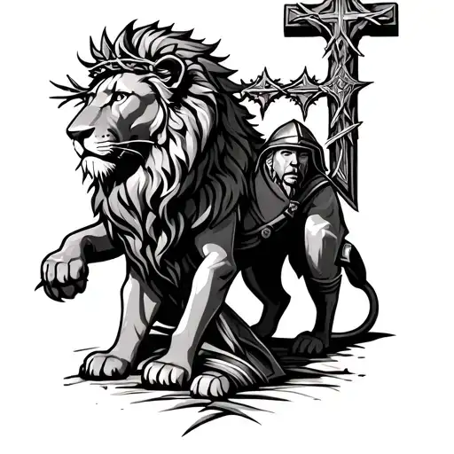 christian inspired lion and cross with knight kneeling at the bottom and give the lion a crown of thorns tattoo design idea