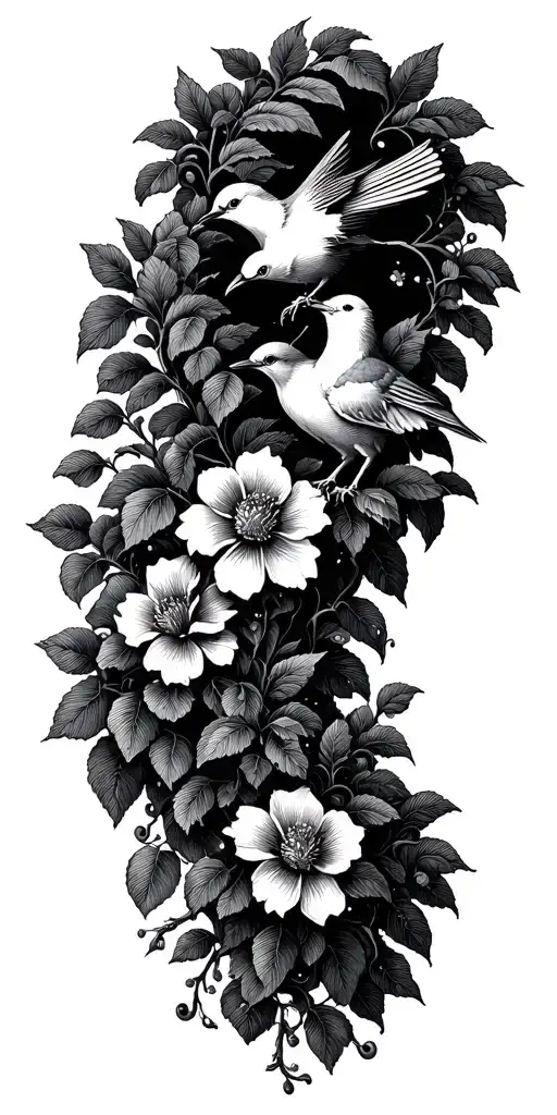 vine with flowers and birds tattoo design idea