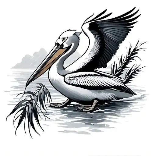 flying pelican and cat tails and beach sand tattoo design idea