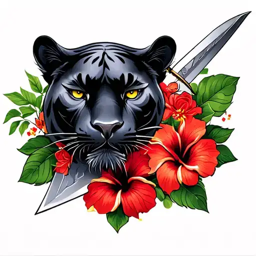 panther and dagger with hibiscus flowers tattoo design idea