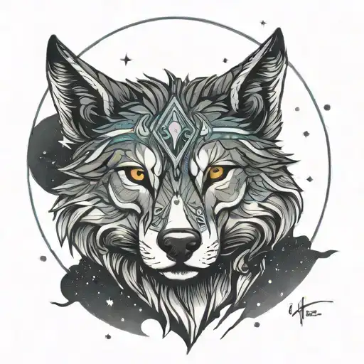 ysterious wolf figure, set against a night sky with a blend of cosmic elements to capture the "Starboy" vibe. The wolf c tattoo design idea