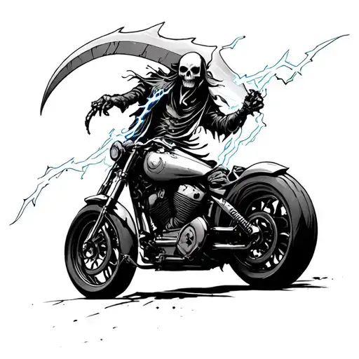 death with a scythe made of lightning riding a motorcycle  tattoo design idea