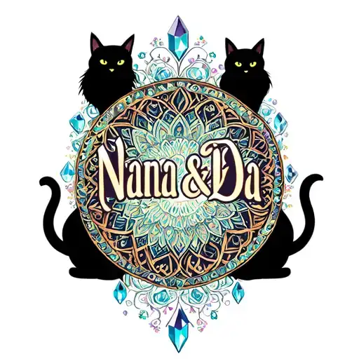 A mandala design incorporating the names 'Nana & Da' in a decorative script, with cat silhouettes and crystal accents throughout tattoo design idea