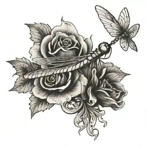 create a tattoo with black and white/ grey ink including a feminine image of a dragonfly, hummingbird, cards and dollar  tattoo design idea