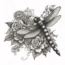 create a tattoo with black and white/ grey ink including a feminine image of a dragonfly, hummingbird, cards and dollar  tattoo design idea