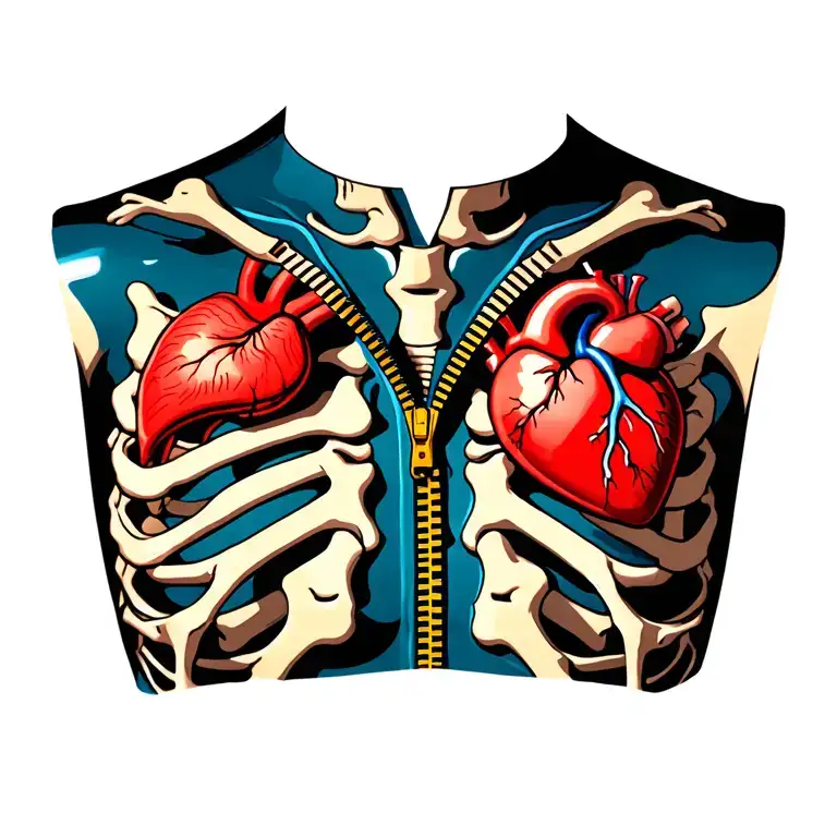 seeing bone, lung, heart behind zipper on chest tattoo design idea
