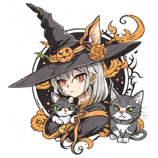 cat + halloween + witch tattoo design idea