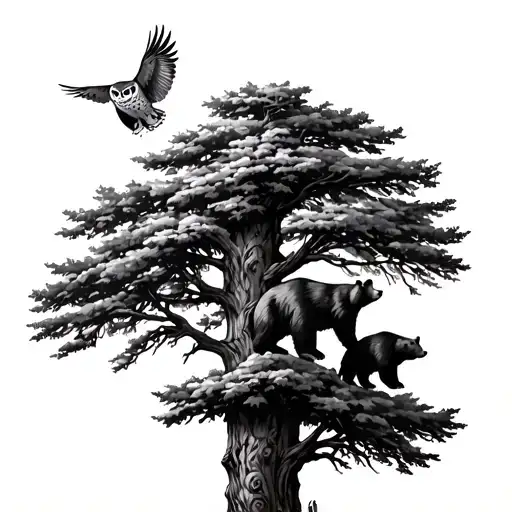 trees, 3 bears 1 climbing the trees  , owl flying above the trees tattoo design idea