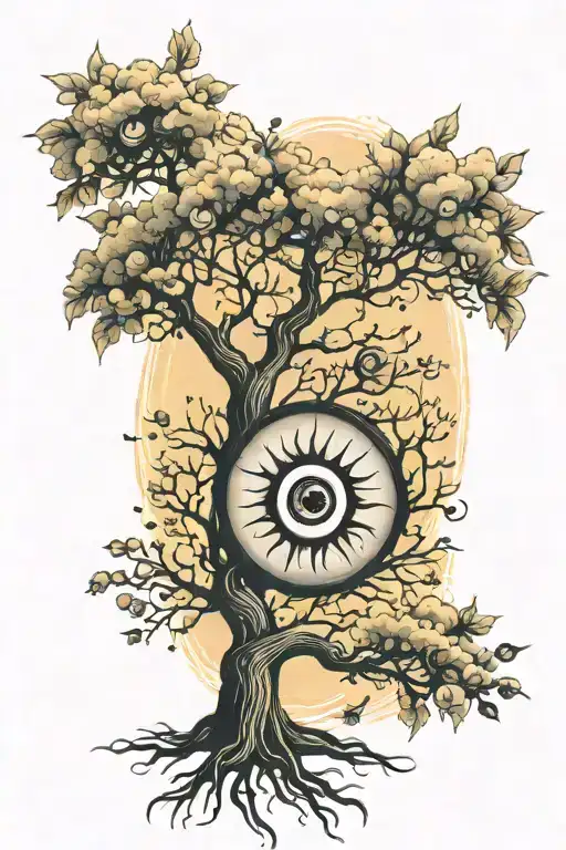 delicate fine line tree with evil eye in sun rising tattoo design idea
