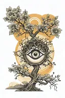 delicate fine line tree with evil eye in sun rising tattoo design idea
