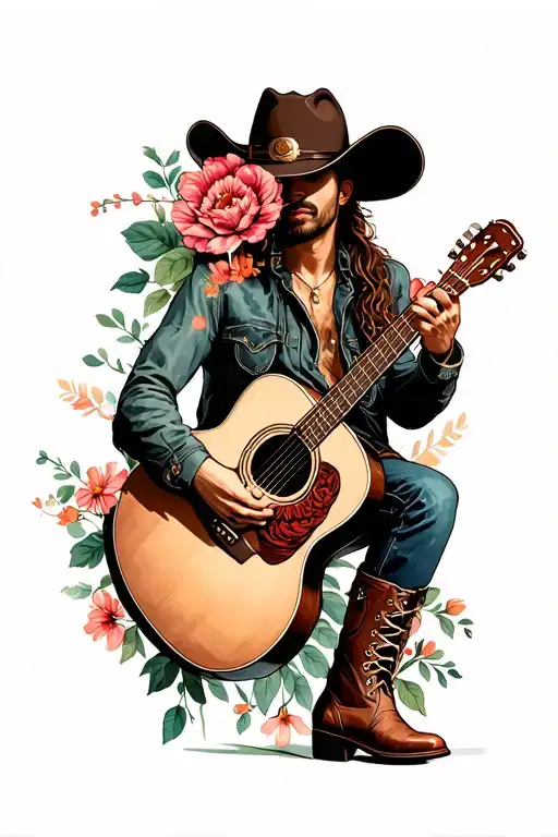 acoustic guitar, flowers, boots and cowboy hat  tattoo design idea