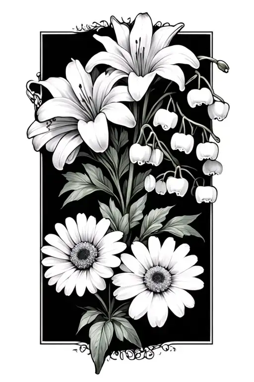 rosary, lily of the valley, daisy and a cosmo flower tattoo design idea