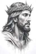 Hyper realistic portrait of Jesus Christ with a crown of thorns, looking down , loving expression, blood drippin tattoo design idea