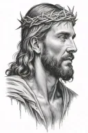 Hyper realistic portrait of Jesus Christ with a crown of thorns, looking down , loving expression, blood drippin tattoo design idea