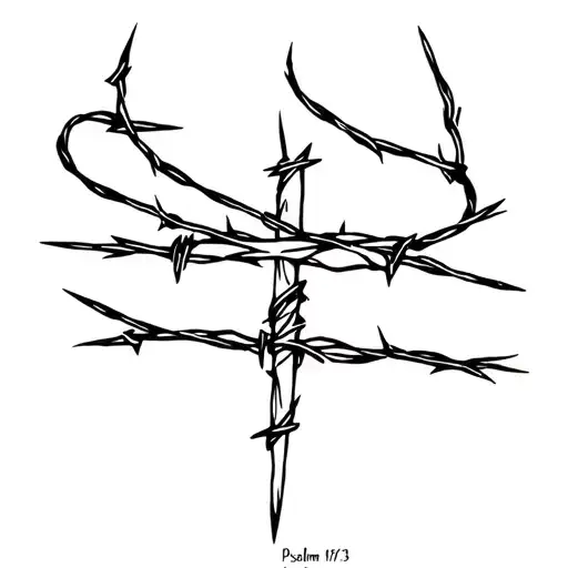 Skinny Dainty cross with barbed wire wrapped with psalms 147:3 simple tattoo design idea