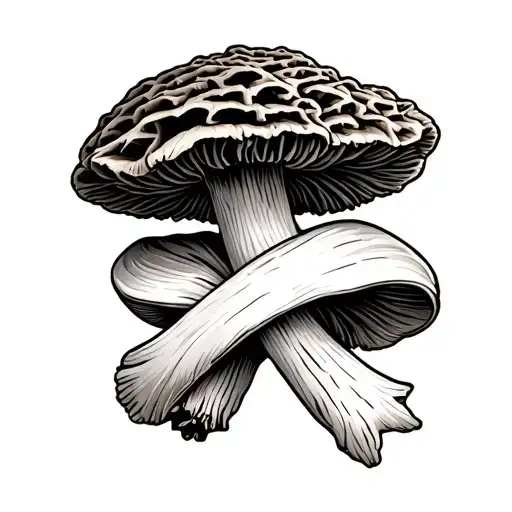 morel mushrooms with white cancer ribbon wrapped tattoo design idea