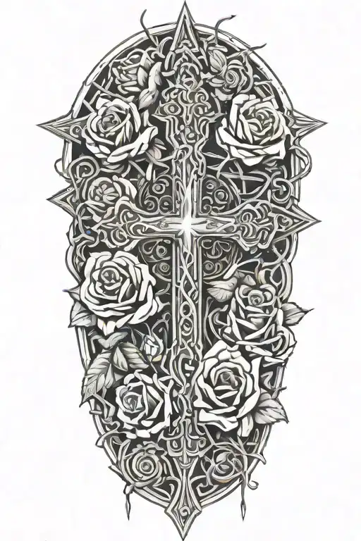 cross wrapped in barbed wire with roses with angel tattoo design idea