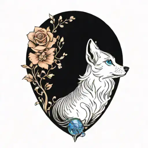 happy wolf puppy with blue eyes surrounded tattoo design idea