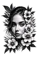 Women's face with a flash of electric light and superimposed on flowers tattoo design idea