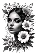 Women's face with a flash of electric light and superimposed on flowers tattoo design idea